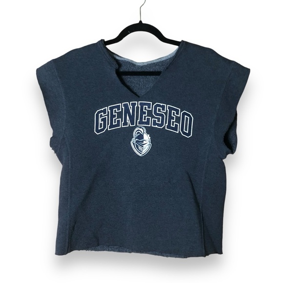 Reworked Upcycled SUNY Geneseo Gray Graphic Sweatshirt Collegiate University - Picture 1 of 3